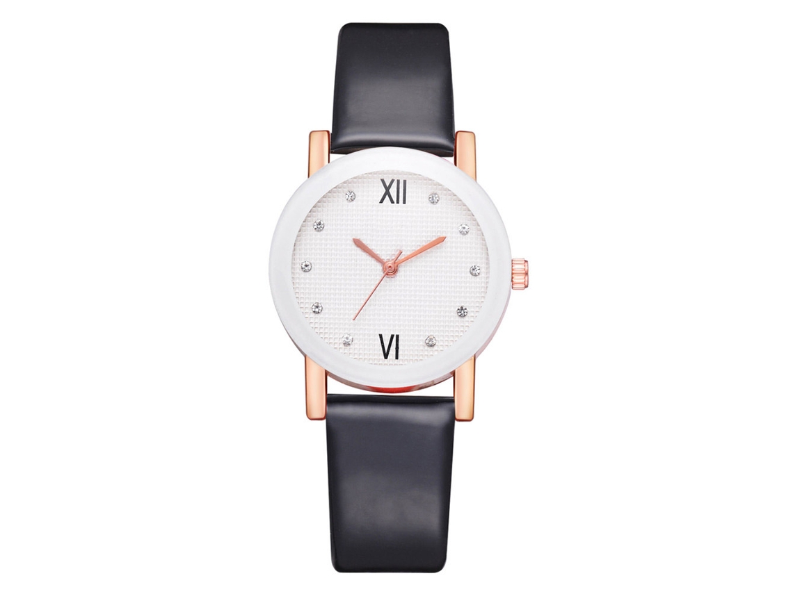Relógio de Pulso Feminino Casual de Quartzo com Strass Pulseira de Couro Pu Simples Redondo Preto
