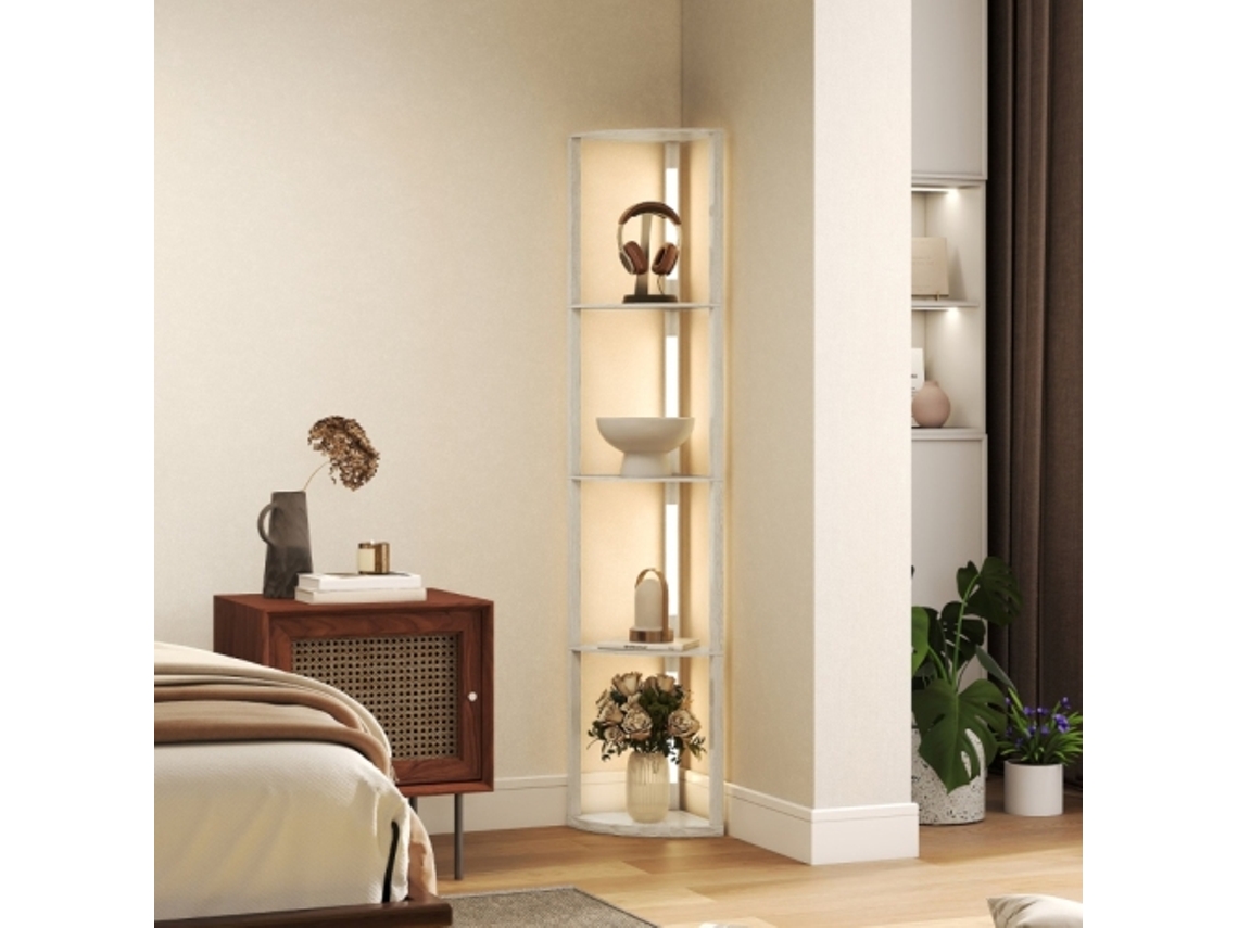 Luminária De Pé Led, Prateleira De Canto, Regulável, 4 Prateleiras, Luz Branca Quente, 41x30x164cm, Carvalho
