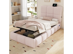 Cama Individual Estofada 90x200 Cm Funcional com Arrumação Hidráulica, Cabeceira Almofadada e Porta Usb Rosa NOVELA