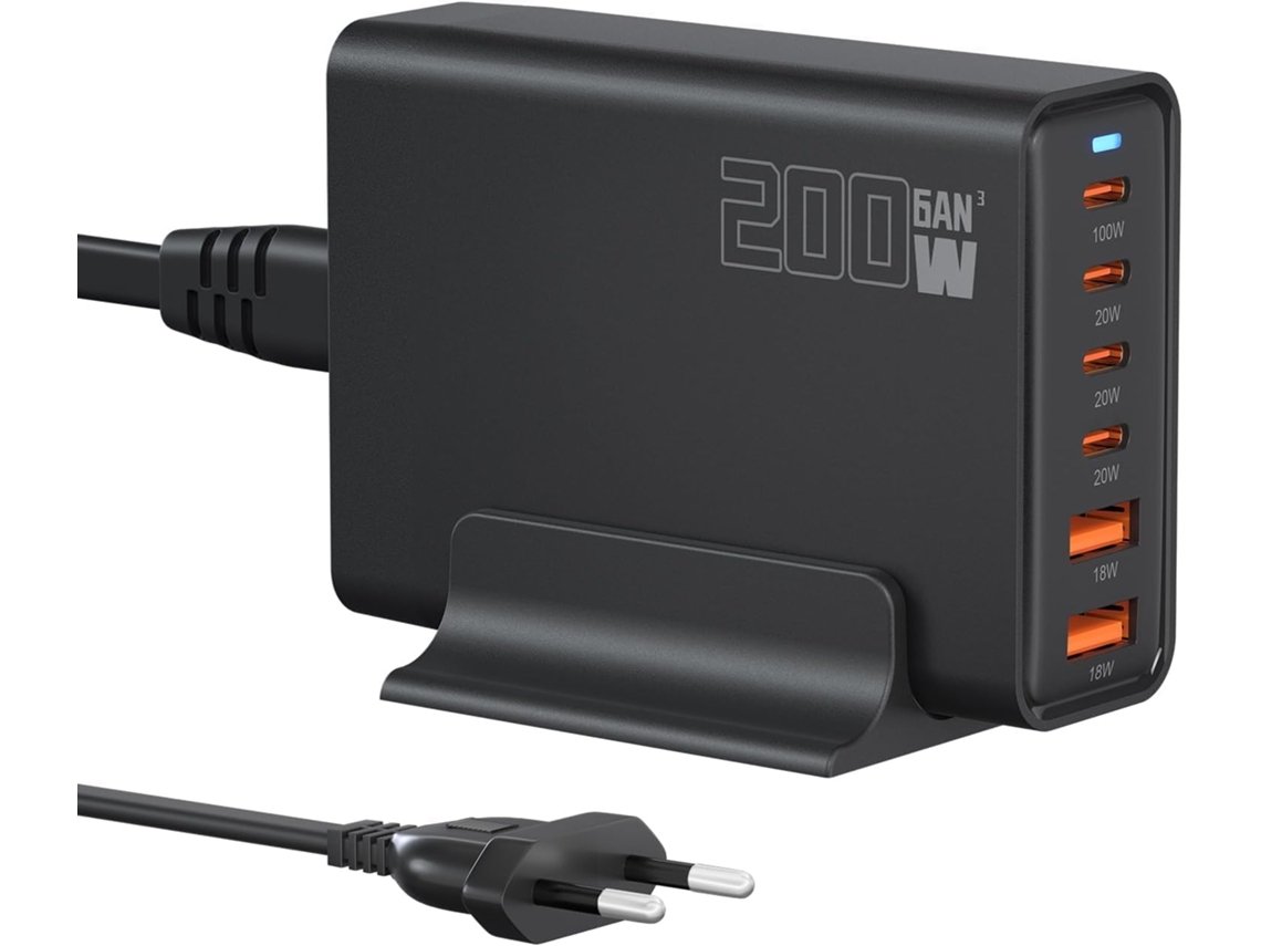 Estação De Carga Gan 200w 6 Portas 6a Usb-a Usb-c Pd Carga Rápida Preta