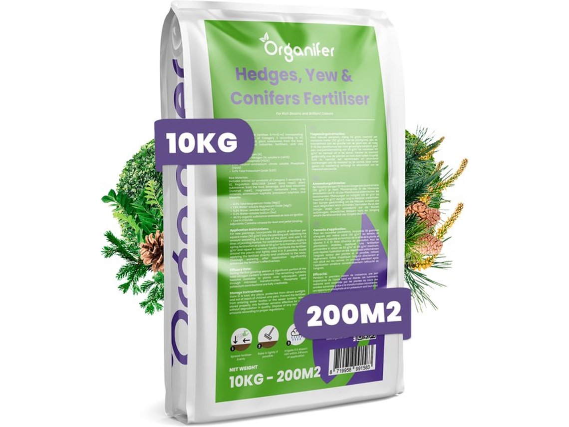 Fertilizante Para Sebes, Teixos E Coníferas Tudo Em Um 10 Kg Para 200 M2 Organifer