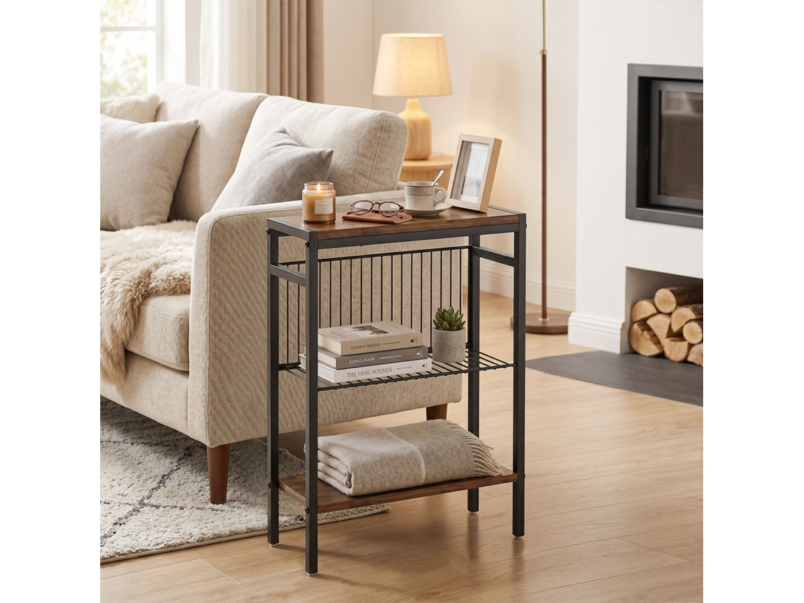 Side Table With 3 Shelves, Small Bedside Table With Metal Frame, Rustic Brown For Living Room