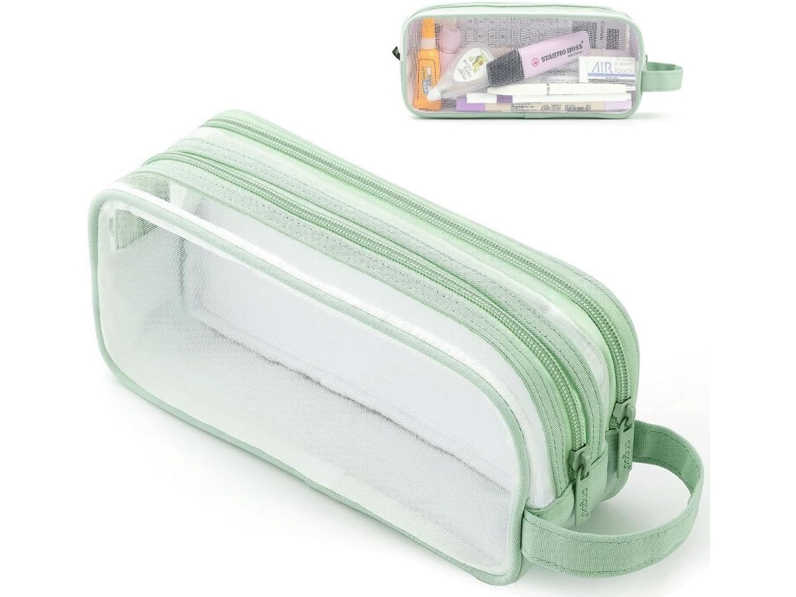 Estojo para Lápis, 2 Compartimentos, Grande, Transparente, com Zíper, Escolar, Escritório AQUAFORGE
