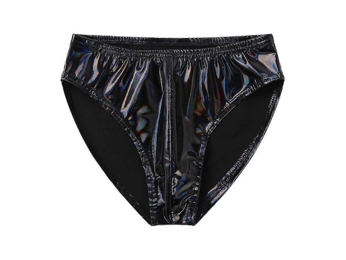 Calcinha Boxer Masculina de Couro Patente com Efeito Molhado, Cintura Elástica para Club e Dança de Pole Preto B