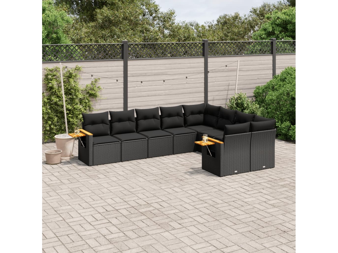 9 Pcs Conjunto De Sofás P/ Jardim C/ Almofadões Vime Pe Preto Dkd Home Decor