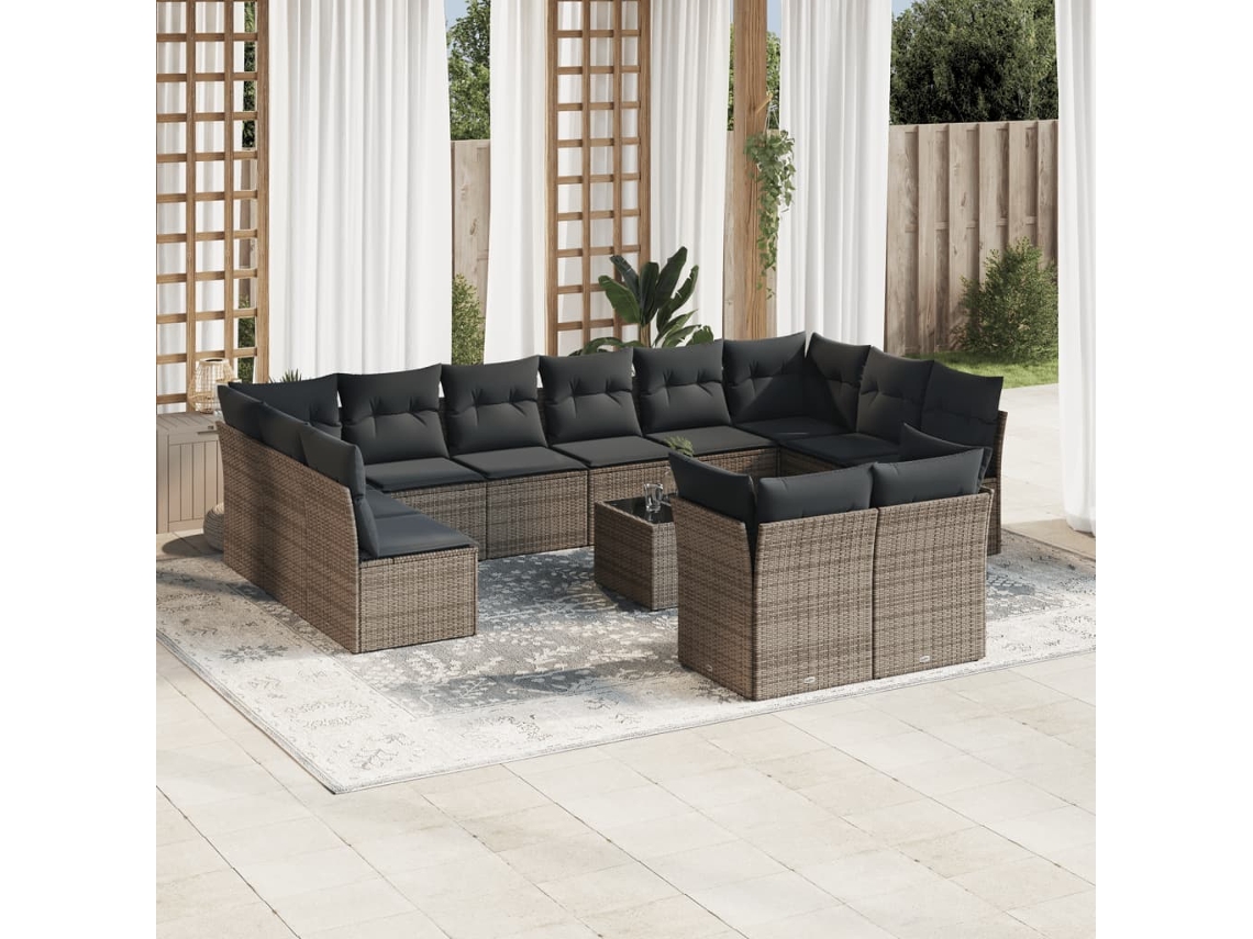 Vidaxl 13 Pcs Conjunto Sofás P/ Jardim C/ Almofadões Vime Pe Cinzento