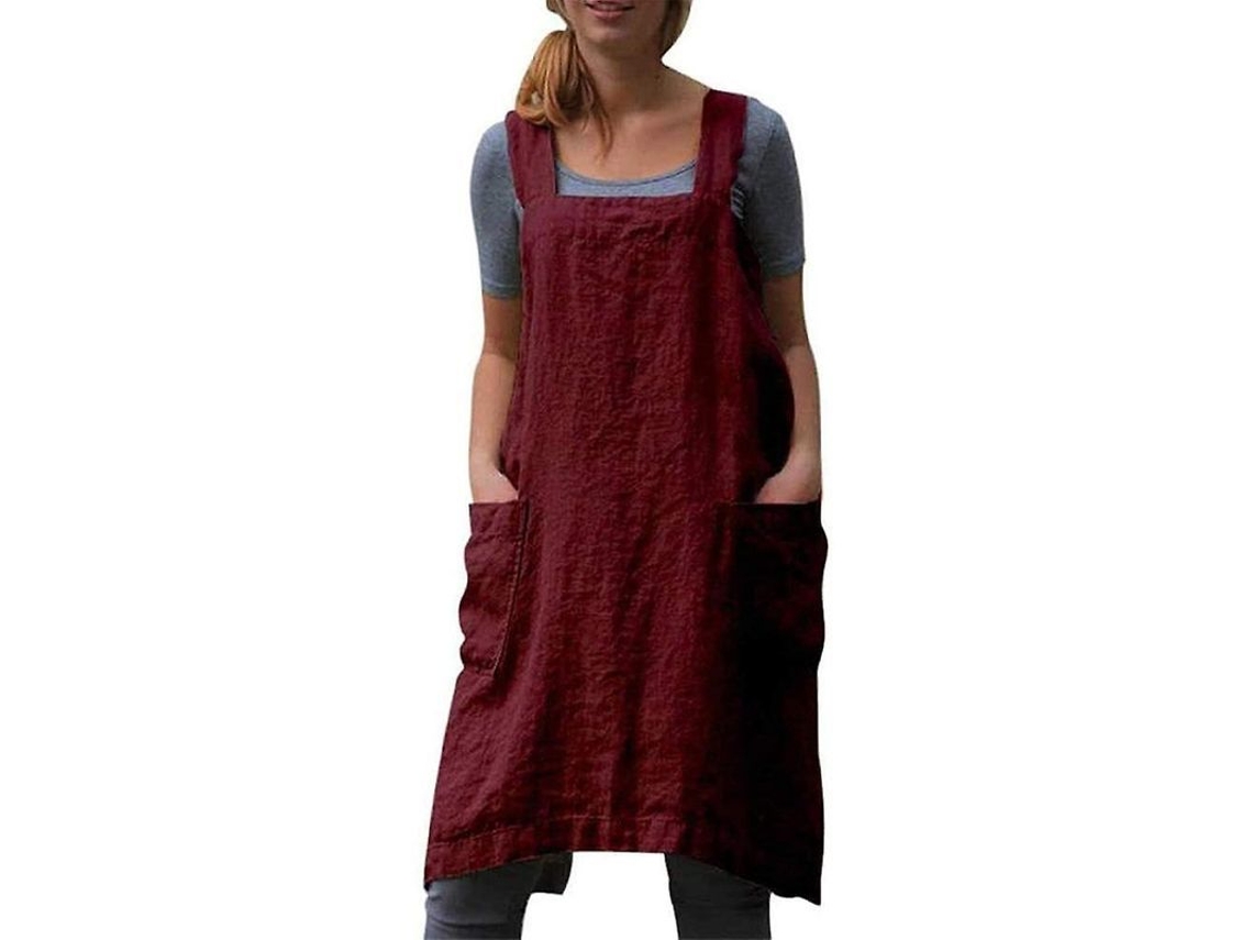 Delantal De Algodão E Linho Para Mulheres Com Bolsos, Design Cruzado, Ideal Para Cozinha E Confeitaria M Rojo