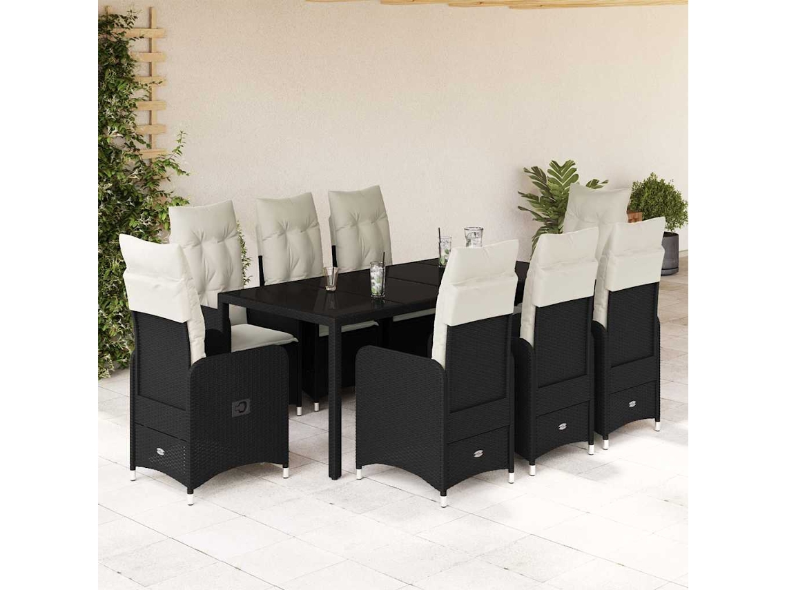 Vidaxl 9 Pcs Conjunto De Bistrô P/ Jardim C/ Almofadões Vime Pe Preto
