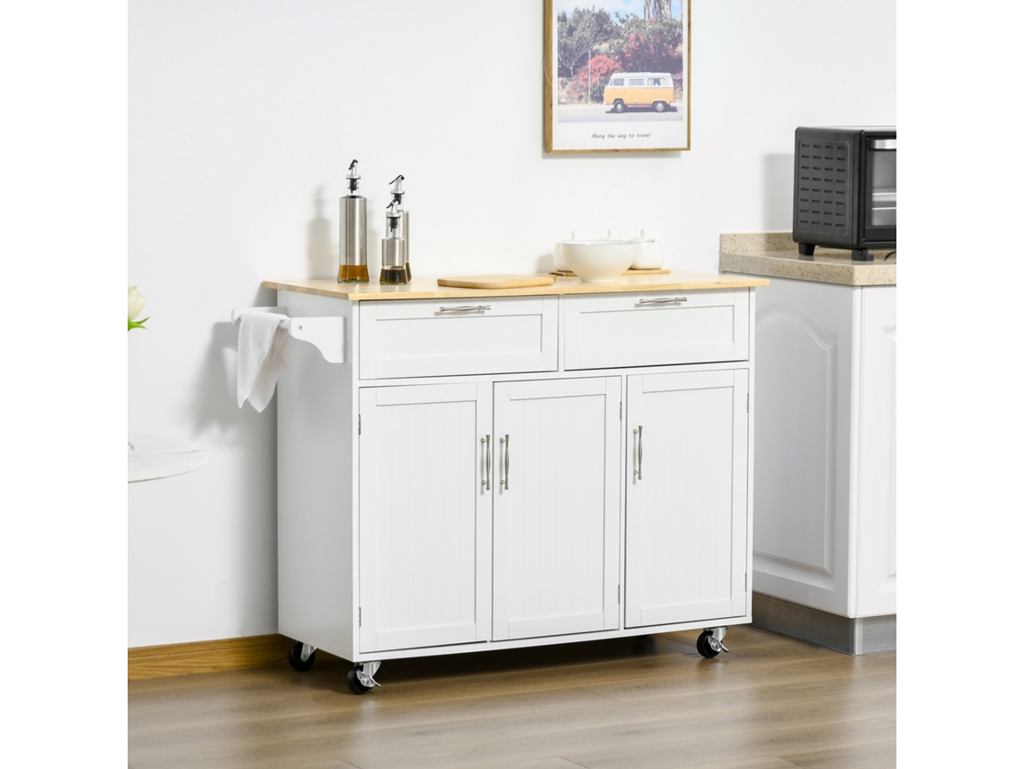 Carrinho de Cozinha C/rodas 2 Gavetas 3 Portas Prateleiras Ajustáveis e Barra para Sala Jantar 121x46x91 Cm Branco