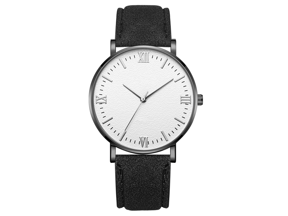 Relógio de pulso mecânico de quartzo com pulseira preta, caixa preta, mostrador branco e ponteiros prateados.