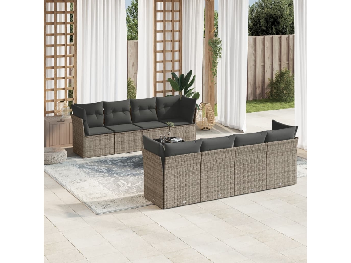 9 Pcs Conjunto Sofás P/ Jardim Com Almofadões Vime Pe Cinza Dkd Home Decor