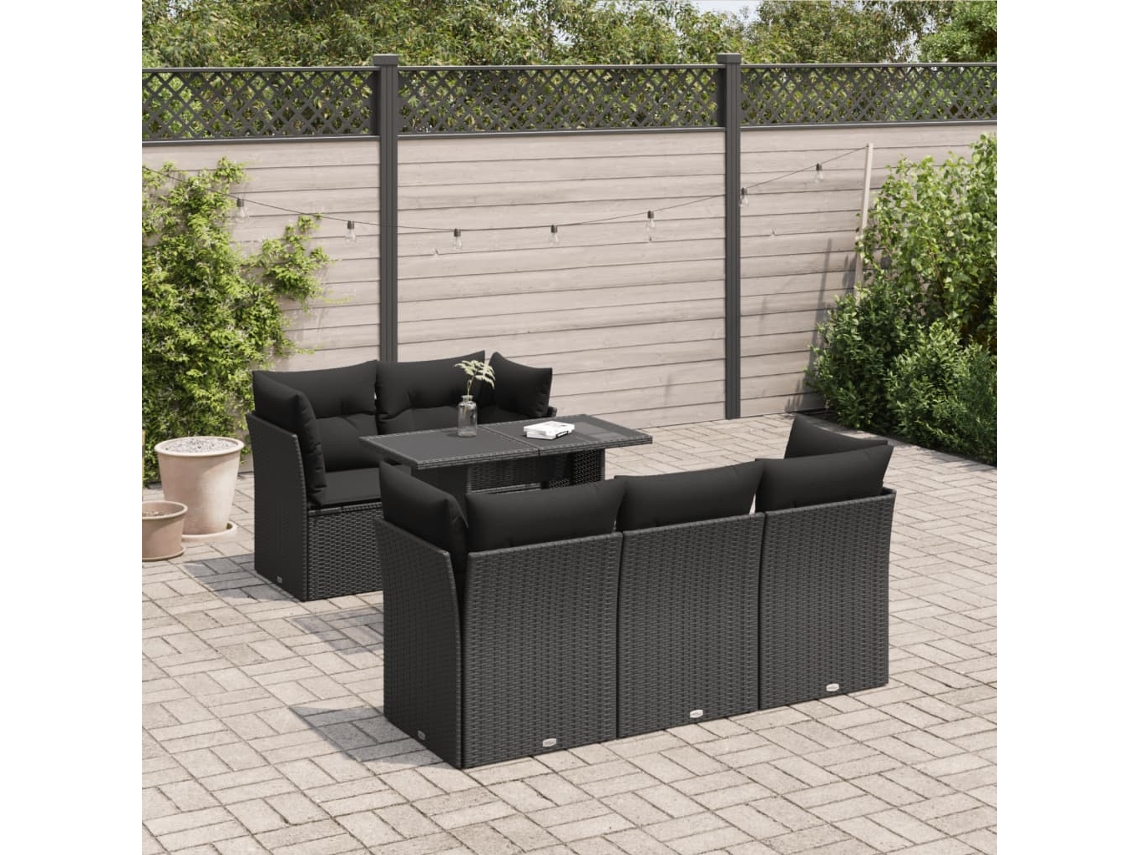 Vidaxl 6 Pcs Conjunto Sofás De Jardim C/ Almofadões Vime Pe Preto