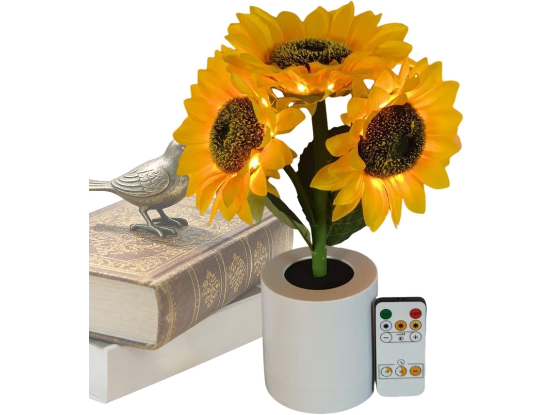 Luminária de mesa LED genérica em formato de flor, com intensidade ajustável e recarregável.