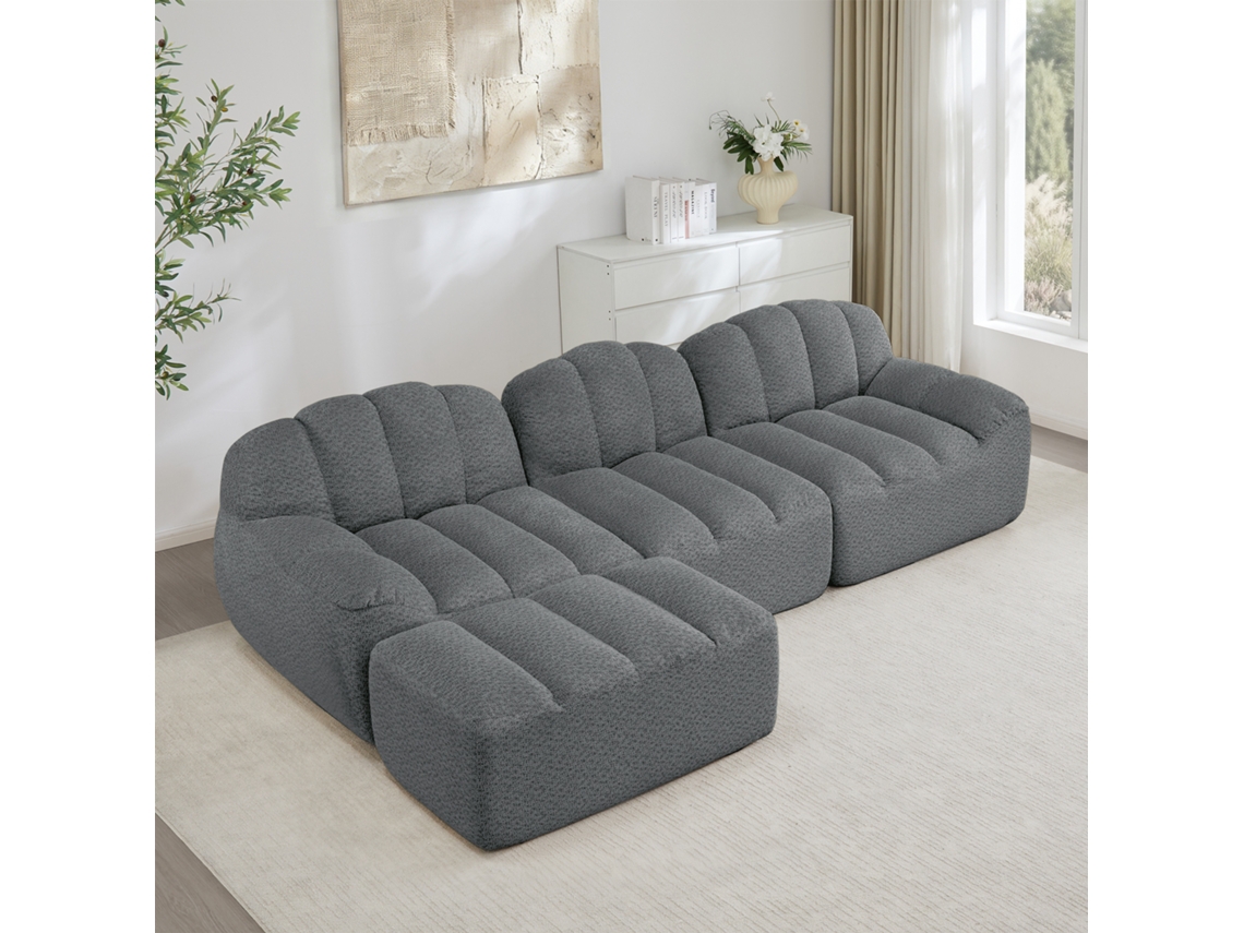 Sofá Modular L 3 Lugares Pufe Sem Montagem Cinza Moderno VOLTEDGE