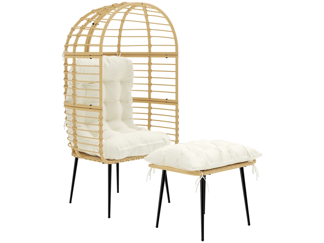Poltrona De Jardim Com Apoio Para Os Pés, Poltrona Em Vime Pe Em Formato De Ovo Com Almofadas Longas E Grossas, Estrutura De Metal, Bege