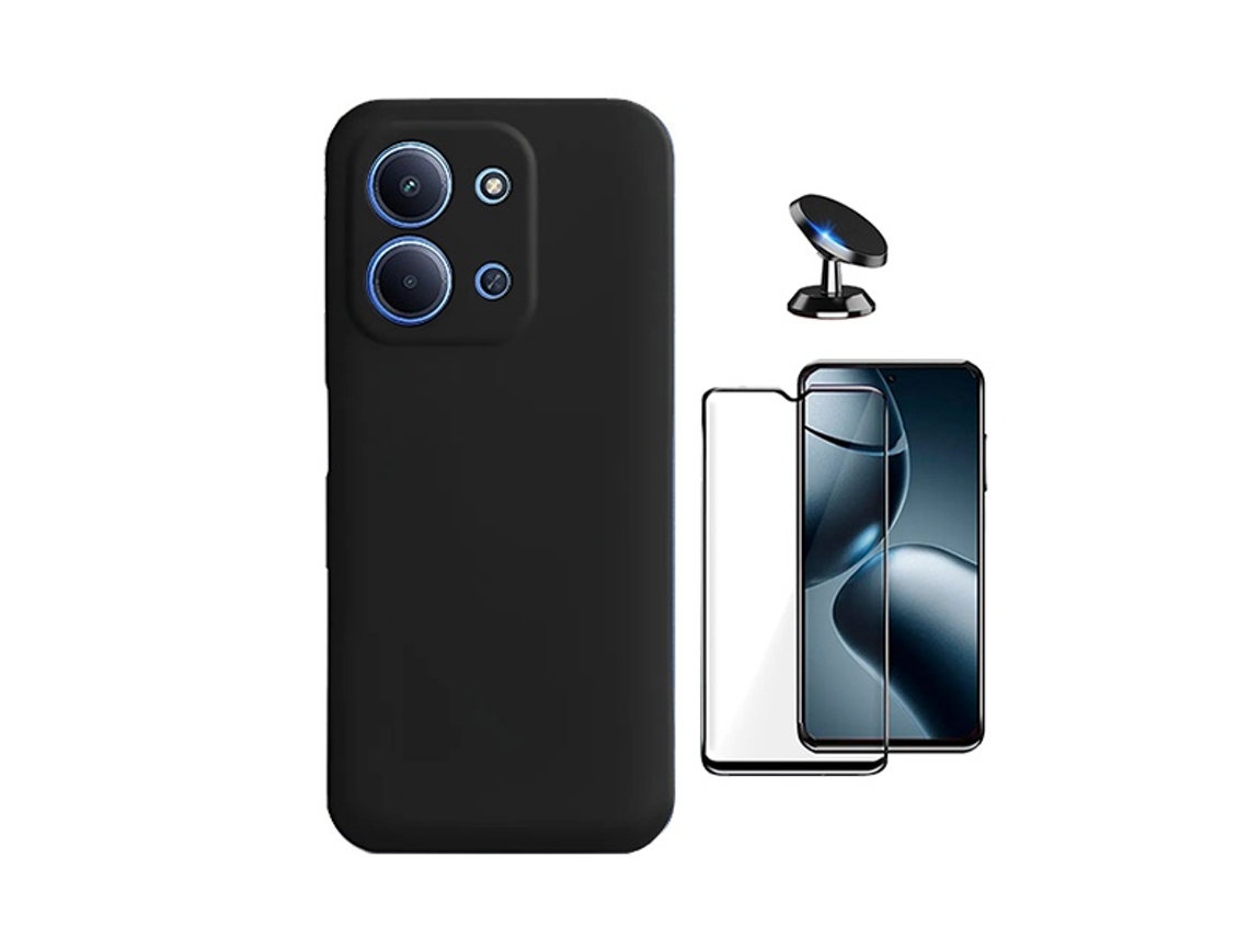 Kit Vidro Temperado Capa Silicone Líquido Suporte Magnético Phonecare Para Xiaomi Poco C85 - Preto