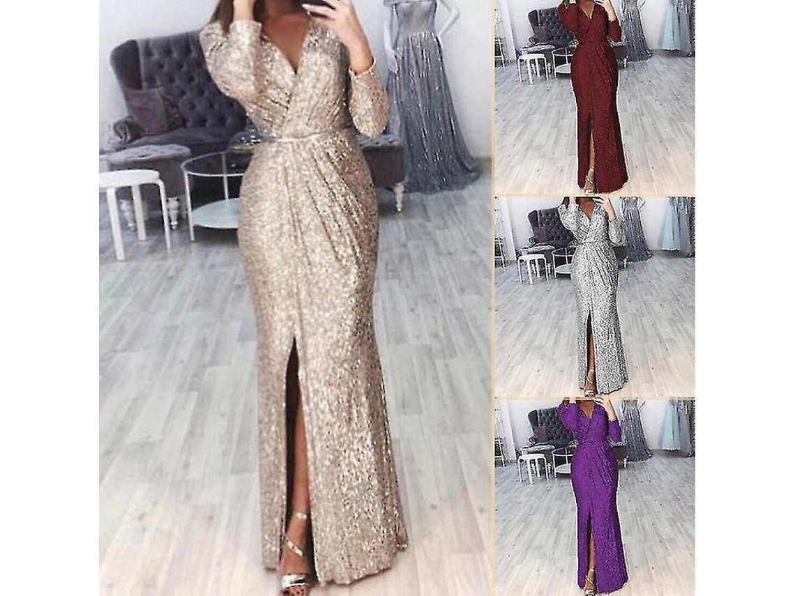 2026 vestido Largo de Secuencias Con Cuello V Profundo Y Falda Larga para Fiesta de Noche Mujer 2xl Blanco