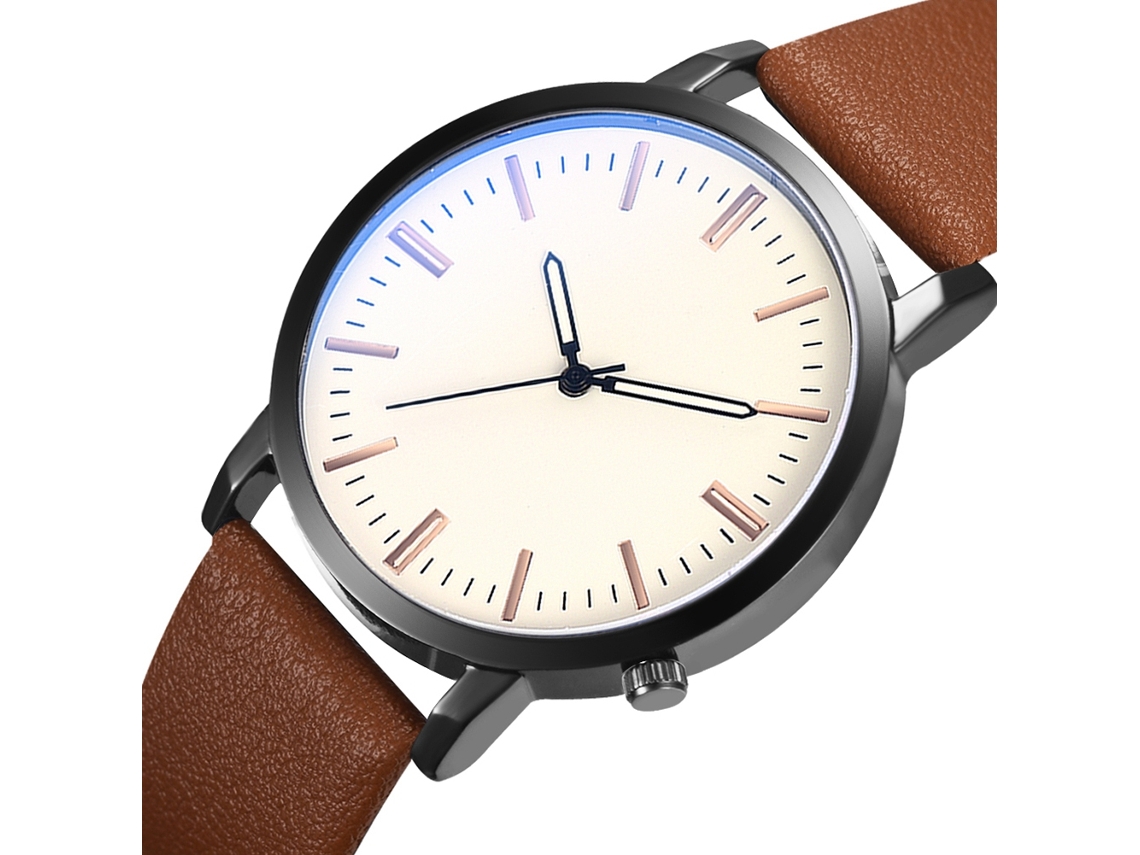 Relógio masculino com pulseira de couro PU, mostrador redondo grande, relógio de pulso casual de quartzo (marrom + branco)