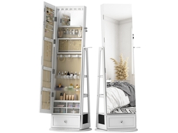 Espelho De Pé Giratório 360° Com Com Interior Iluminado Organizador De Jóias Com Prateleiras E Gavetas 56x56x164 Cm Branco
