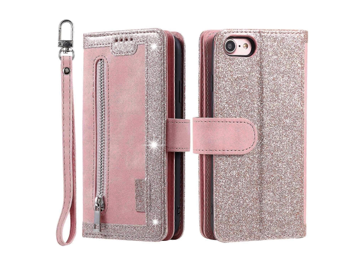 Capa De Couro Sintético Para Iphone 16e Com Zíper E 9 Compartimentos Para Cartões - Ouro Rosa