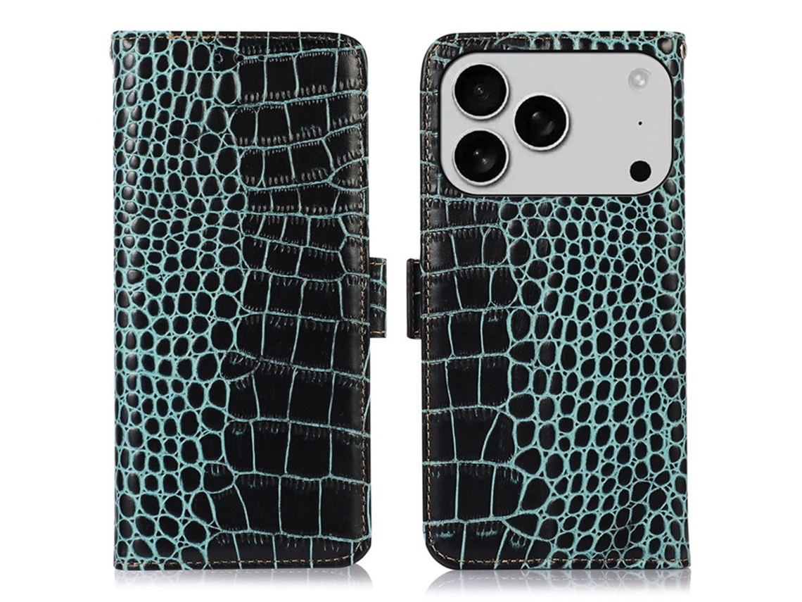 Capa Carteira Para Iphone 17 Pro Em Couro Legítimo De Crocodilo - Verde