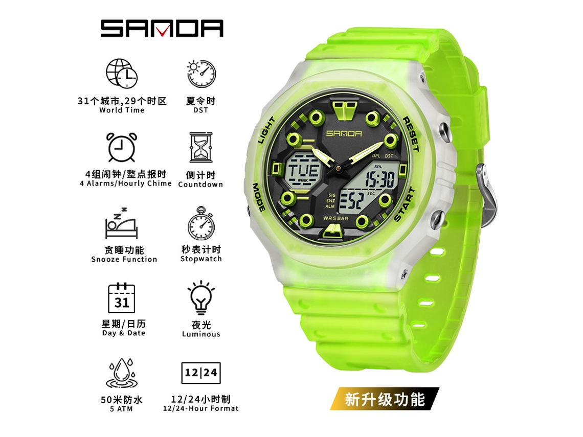 Relógio Eletrônico Multifuncional Moderno e Estiloso com Visor Luminoso e Resistência À Água. MDUG (verde Transparente)