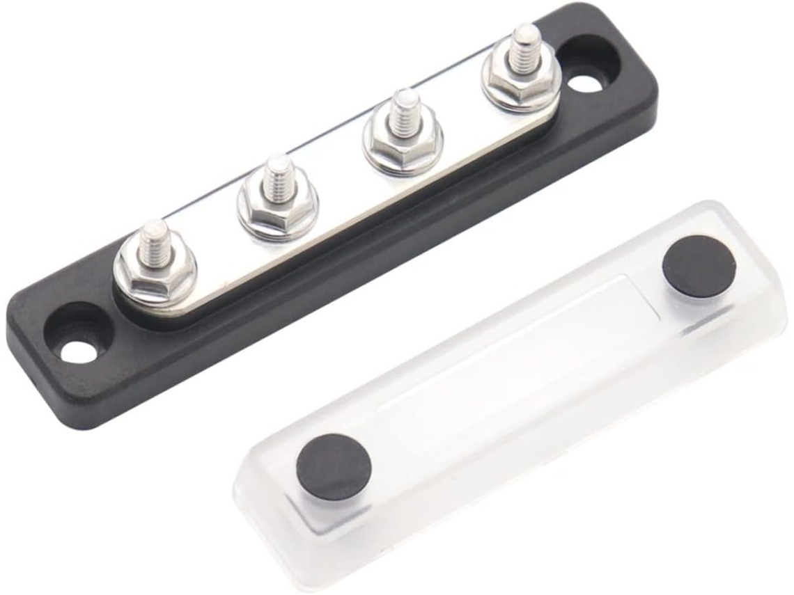 Bloco De Distribuição De 4 Posições, 48 V, 100 A, Em Cobre E Abs, Para Autocaravanas, Com Tampa Transparente.