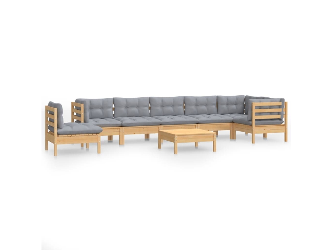 Conjunto de 9 Lounge de Jardim com Almofadões Cinza Pinho Maciço MAISON EXCLUSIVE