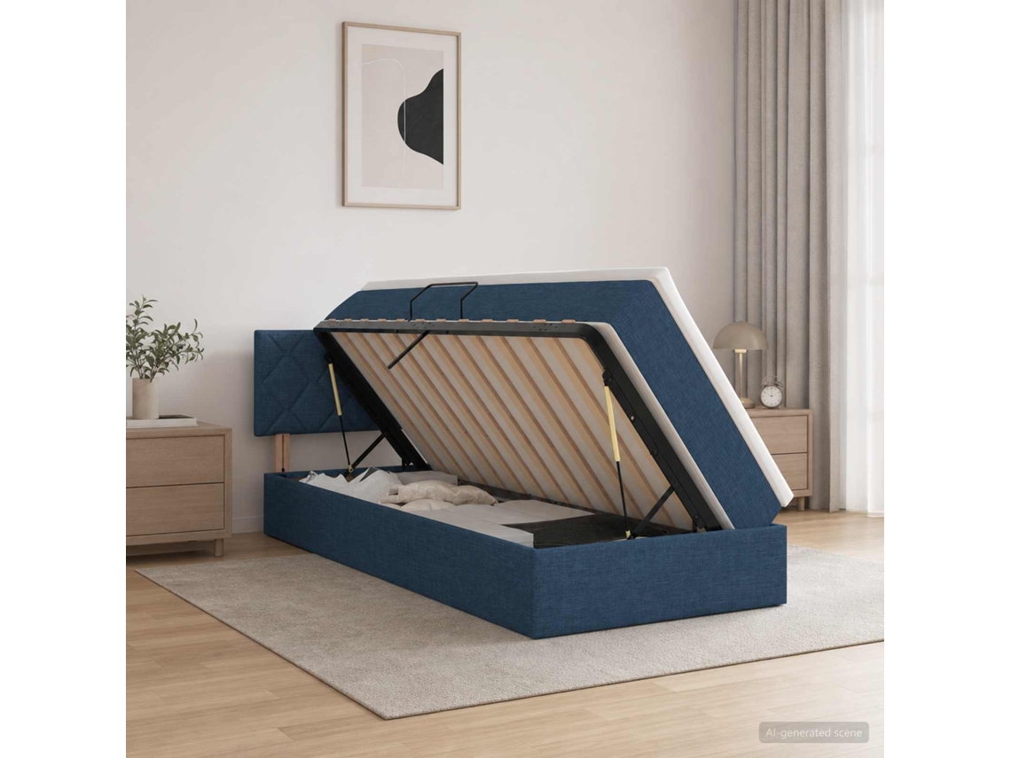 Vidaxl Cama Com Arrumação E Colchão Azul 100 X 200 Cm Veludo