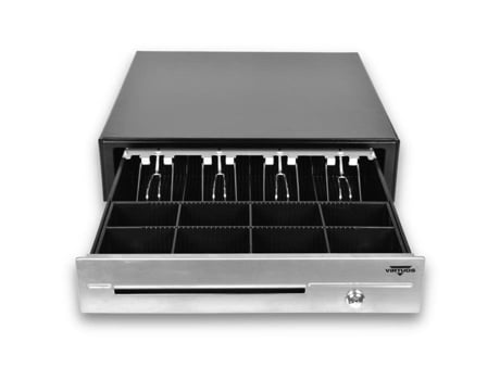 Caixa registradora com fio Virtuos C430d, suportes de metal, painel de aço inoxidável, 9/24 V, preto