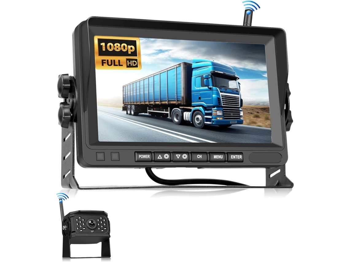 Kit de monitor e câmera de ré sem fio 1080p com tela IPS de 7 polegadas para caminhão, ônibus, van, trailer e caminhonete.