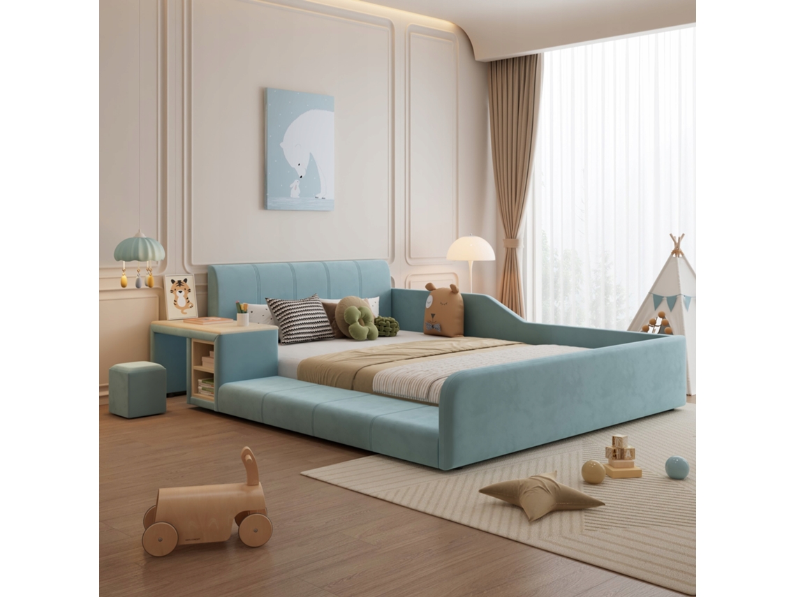 Cama Solteiro Arhatreya Com Escrivaninha Infantil, Assento E Estrado (140x200 Cm Azul)