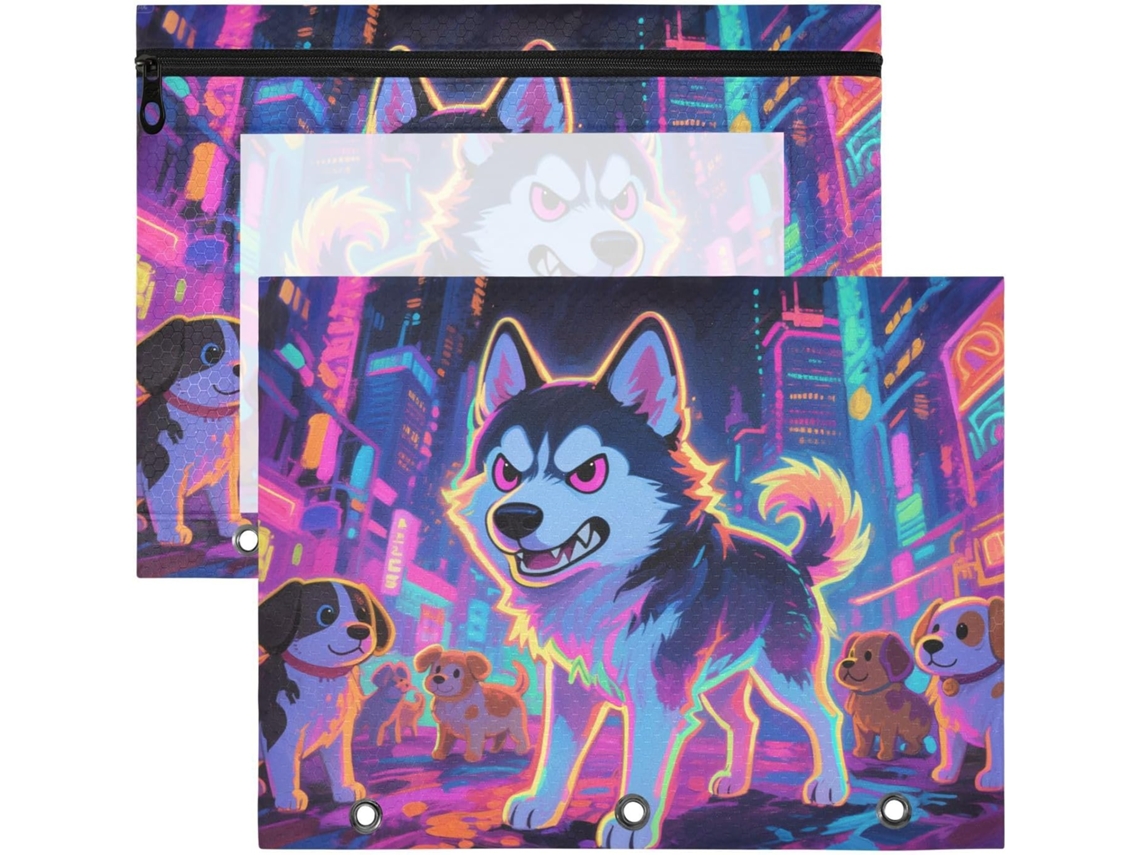 Conjunto de 2 Estojos Plástico Transparente para Lápis Tamanho A4 Design Fofo e Feroz Cachorro Husky 31 X 24