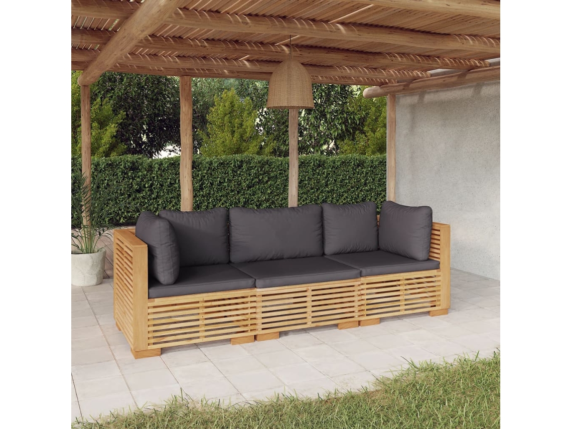 Vidaxl 3 Pcs Conjunto Lounge Jardim C/ Almofadões Madeira Teca Maciça