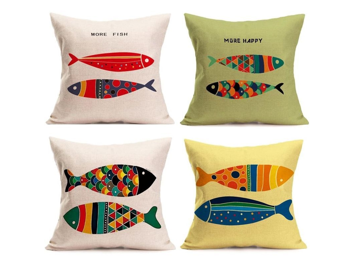 Fronha de Almofada Temática Oceânica Peixe Náutica de Lino 18x18 Polegadas Conjunto de 4