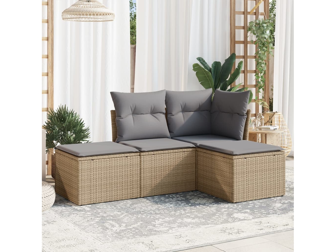 Vidaxl 4 Pcs Conjunto De Sofás Para Jardim C/ Almofadões Vime Pe Bege