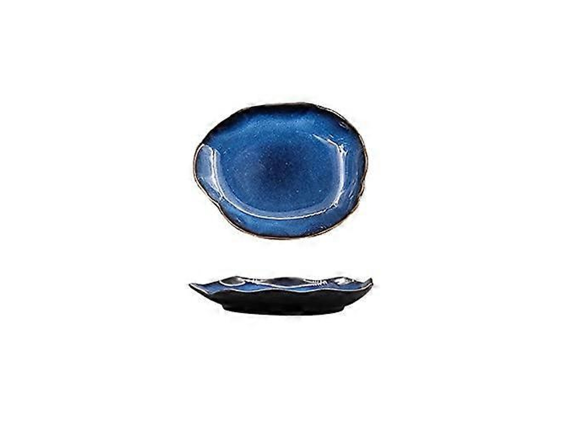 Prato De Jantar Irregular De Cerâmica De 23,5 Cm Com Tigela Para Salada Esmaltada Em Azul. Pode Ser Usado No Micro-ondas E Na Lava-louças.