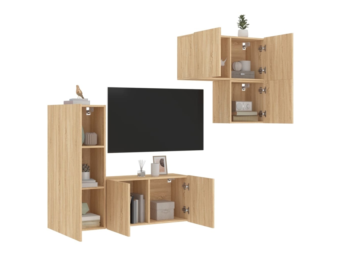 4 Pcs Móveis De Parede P/ Tv | Gabinete De Tv | Armário De Tv Derivados Madeira Carvalho Sonoma