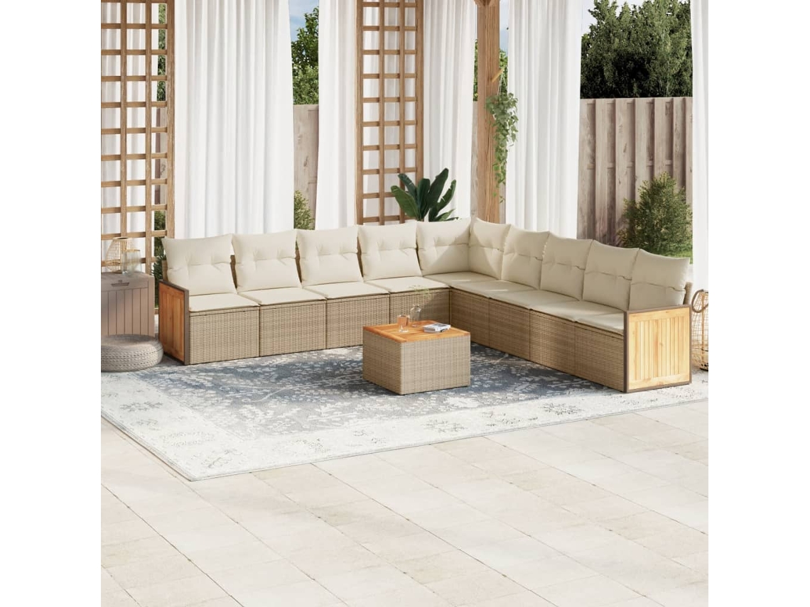 Vidaxl 10 Pcs Conjunto De Sofás P/ Jardim Com Almofadões Vime Pe Bege