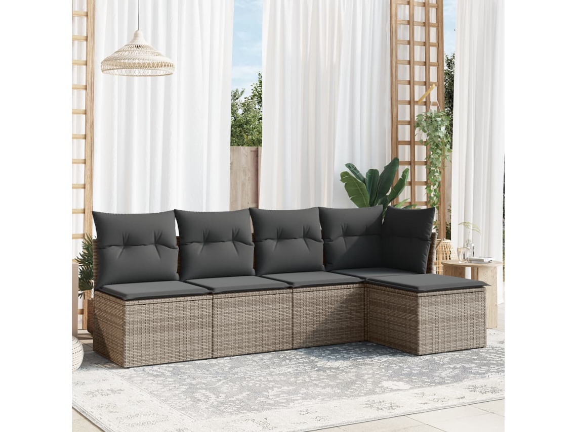 Vidaxl 5 Pcs Conjunto Sofás De Jardim C/ Almofadões Vime Pe Cinzento