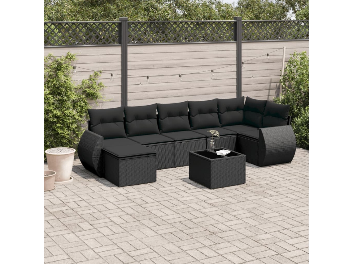 Vidaxl 8 Pcs Conjunto Sofás De Jardim Com Almofadões Vime Pe Preto