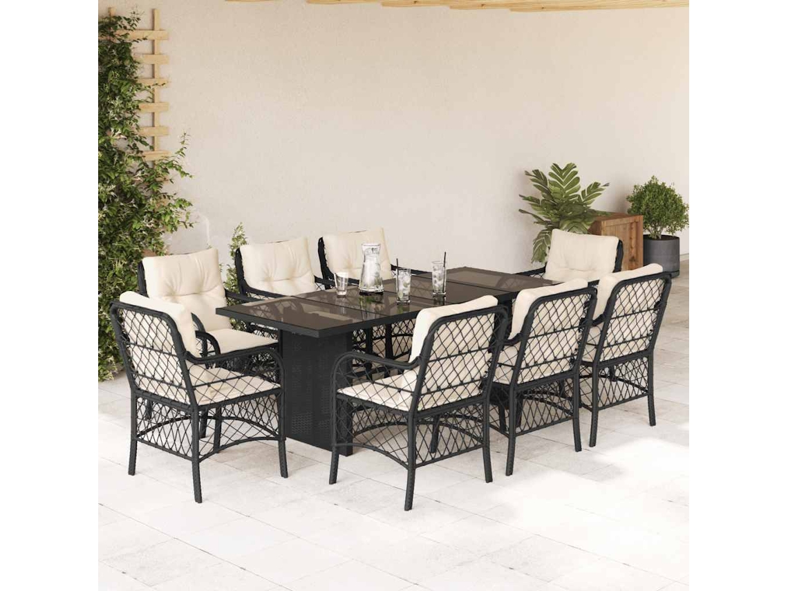 Vidaxl 9 Pcs Conjunto De Jantar P/ Jardim C/ Almofadões Vime Pe Preto