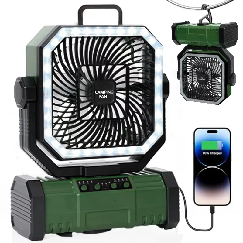(verde) Ventilador De Camping Para Uso Externo, Ventilador Recarregável De 20000mah Com Luz Led E Controle Remoto.