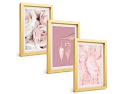 Composição De Quadros Rosas Champanhe, Fundo De Mármore Espelharte (3 Peças 20x30 Cm)