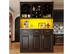 Buffet Alto De Cozinha 120×40×180cm, Três Portas, Três Gavetas, Iluminação Led, Arrumação Versátil Para Snacks Cor Preta