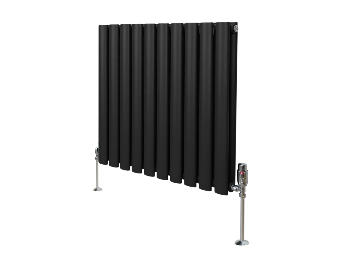 Radiador Coluna Oval Preto 600×600 Mm Em Aço Carbono Com 2684 Btu, Revestimento Triplo E Conjunto De Válvulas
