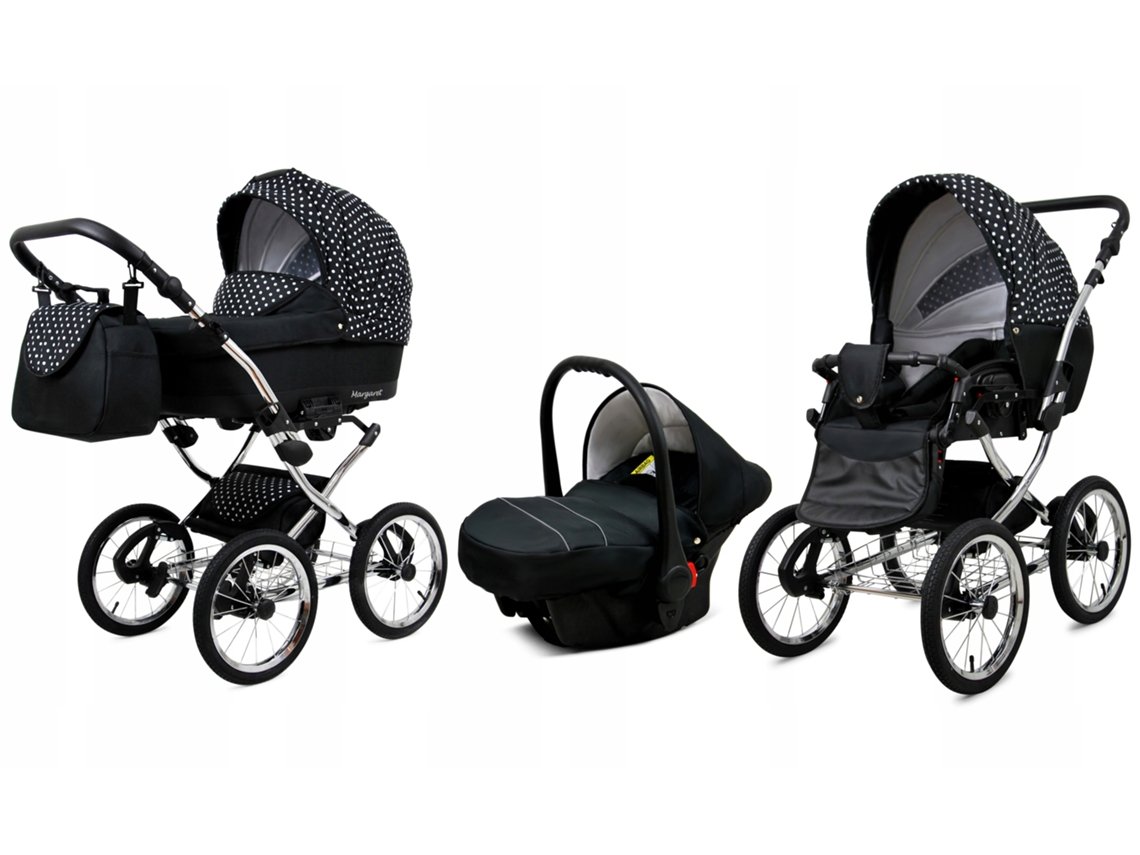 Carrinho de Bebé Multifuncional BABYLUX MARGARET EXCLUSIVE 3 Em 1 -White Dots - Ajustável e dobrável Construção leve em alumínio - Acessórios