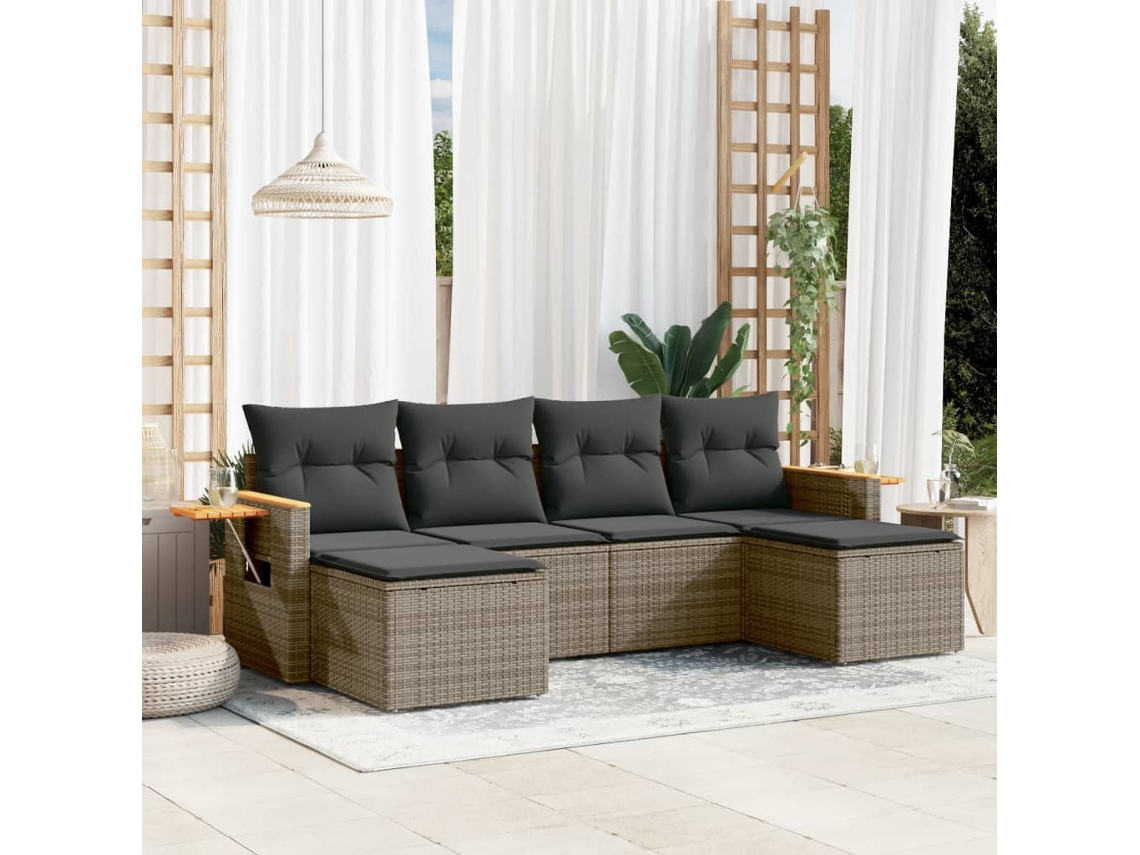 6 Pcs Conjunto Sofás De Jardim Com Almofadões Vime Cinza Dkd Home Decor