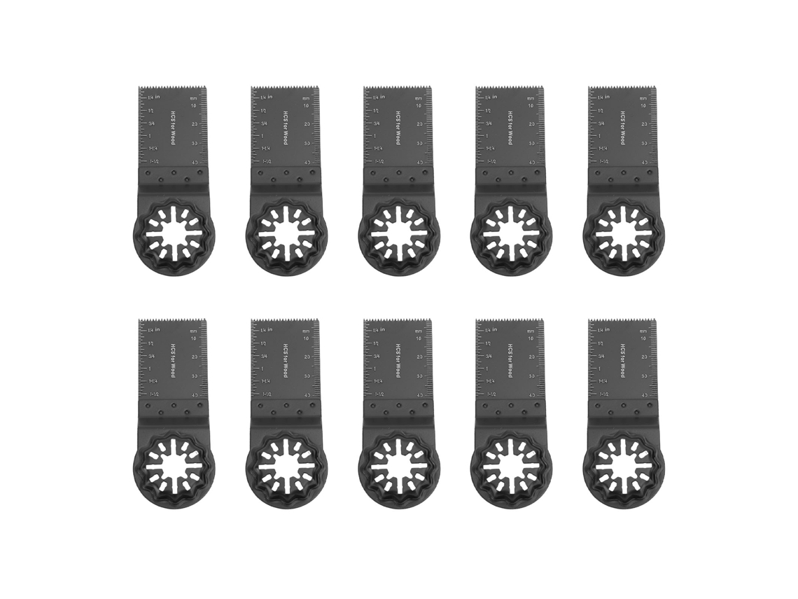 Conjunto de 10 lâminas de serra oscilante com encaixe Starlock, profundidade de corte de 34 mm e 40 mm, para uso em diversas ferramentas.