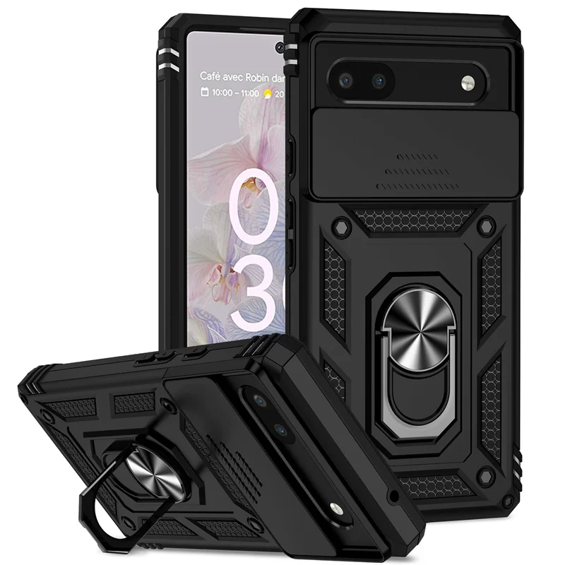 (preto, Google Pixel 6) Capa Resistente Com Tampa Deslizante Para A Câmera E Suporte De Anel Metálico Magnético Com Rotação De 360°